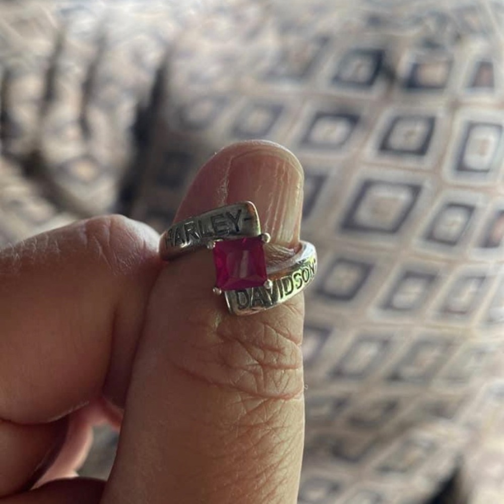 Harley Davidson ring.   Ruby birthstone.   Sterling silver size 7.5.